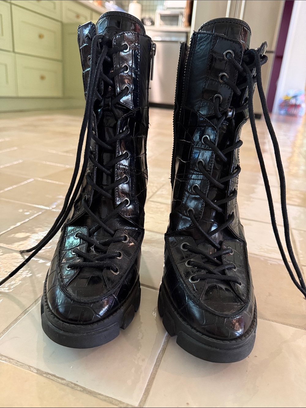 Michael Kors Black Croc-Embossed Platform Combat Boots